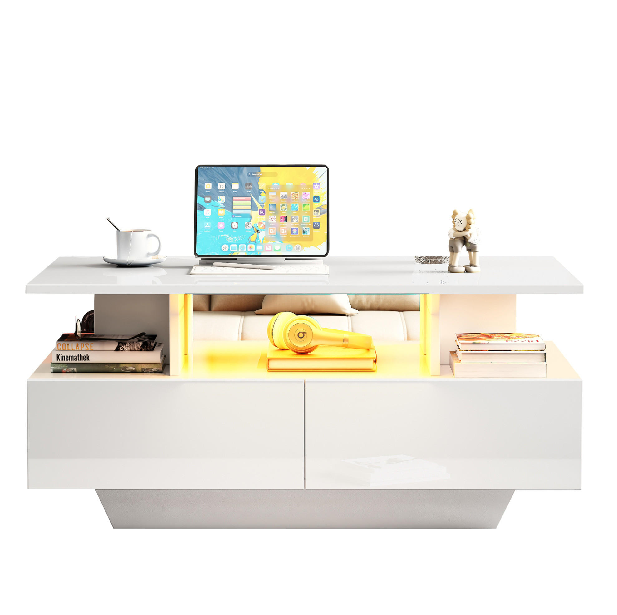 COUCHTISCH, Hochglanz Weiß, 2 Schubladen mit LED-Beleuchtung, 90/55/41 cm,Weiß - Weiß, Holzwerkstoff (90/55/41cm) - Redom