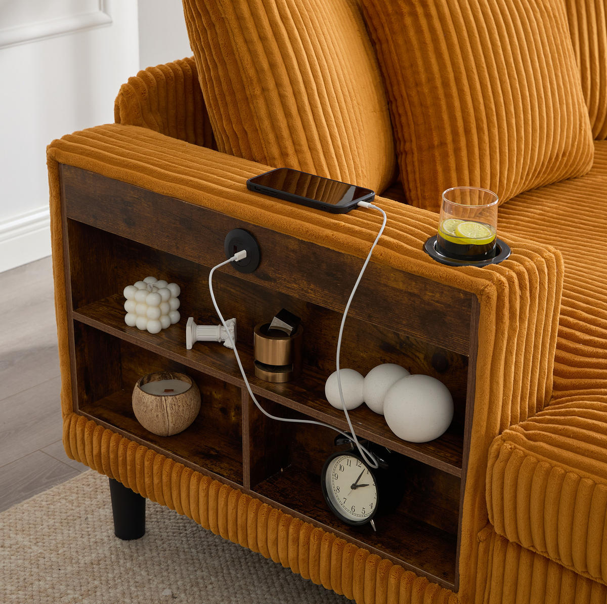 CHAISELONGUE 129/170/70 cm aus Cord mit LED-Beleuchtung, USB-Anschluss, Stauraum und Becherhaltern, Senfgelb - Gelb, Textil (170/70/129cm) - Redom