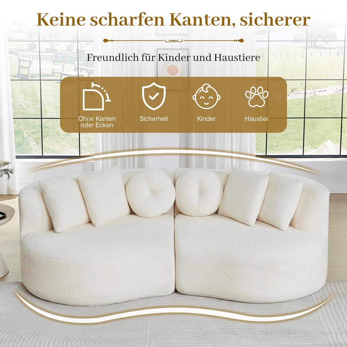 3-SITZER SOFA Geschwungenes Modulares Chenille Cashew - Beige, Textil (223/79/109cm) - Urban Meuble