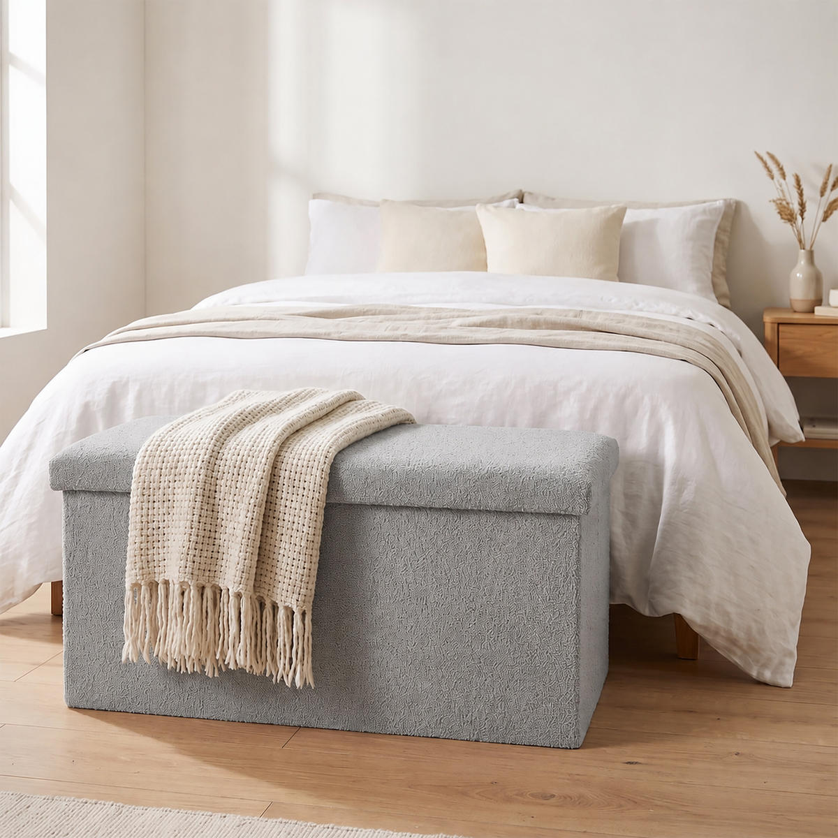 BÄNK Grå teddytyg förvaring 38x76x38 cm - Grå, Träbaserade material/Textil (76/38/38cm) - Relaxdays