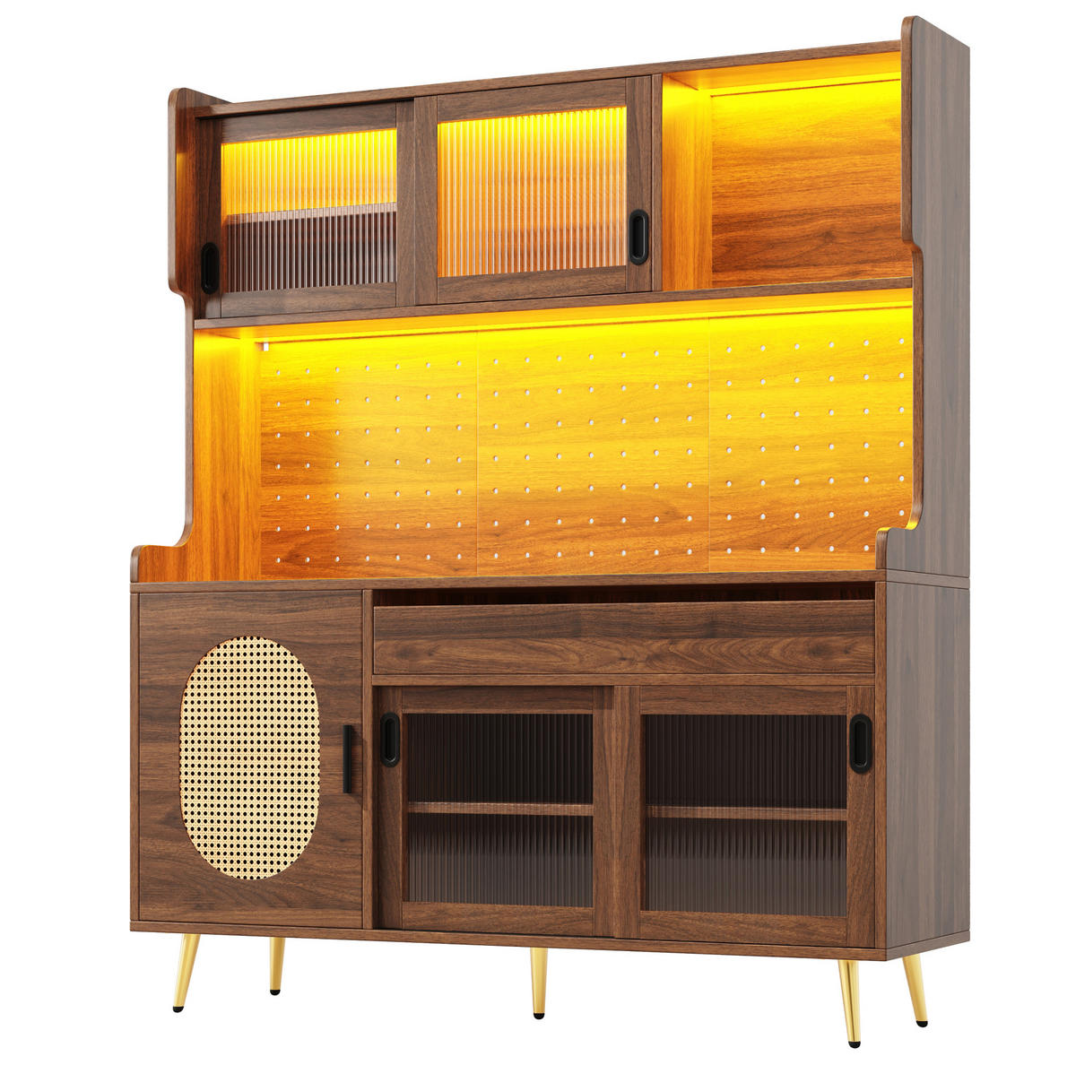 BUFFETSCHRANK aus MDF 145/39/171 cm mit LED-Beleuchtung und Lochwand, Braun - Braun, Holzwerkstoff (145/171/39cm) - Redom