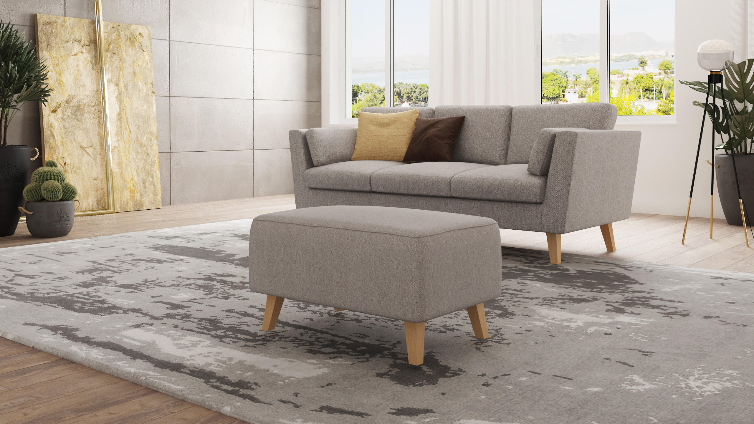HOCKER Mario Dunkelbeige Microfaser - Beige/Naturfarben, Buchenholz/Textil (95/51/63cm) - S-Style Möbel