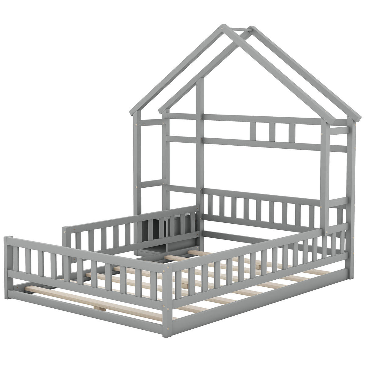 HAUSBETT 140/200 cm Grau mit Nachttisch und Geländer - Grau, Holz (140/200cm) - MIVRAY
