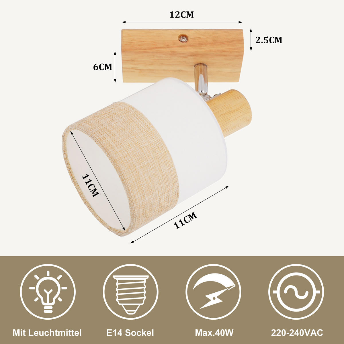 DECKENSTRAHLER Finni 13/13/21 cm - Beige, Holz (21/13/13cm) - ZMH