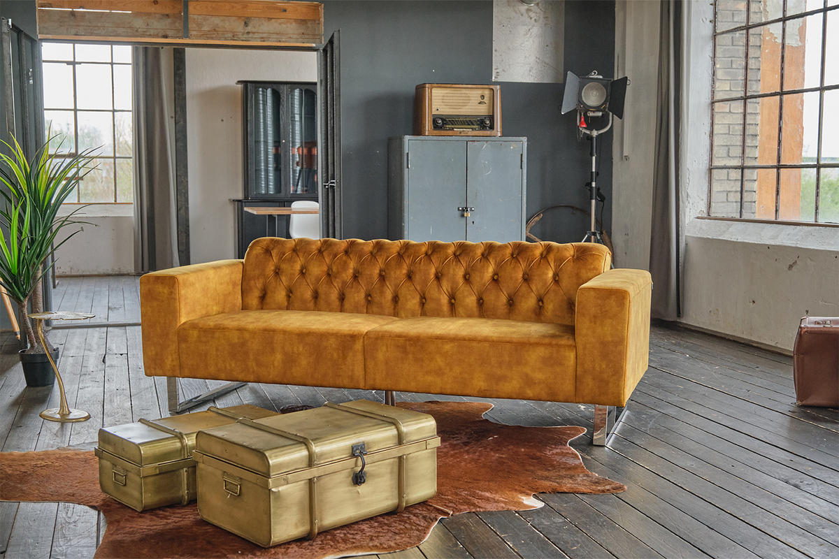 SOFA NILO Gold Velvet - Gelb/Silberfarben, Textil/Metall (220/77/87cm) - KAWOLA