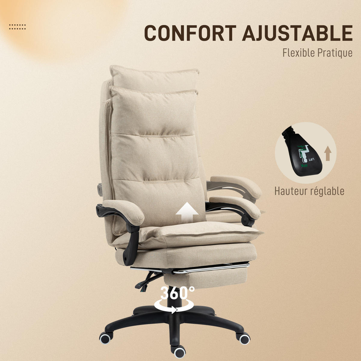 CHEFSESSEL DE-11706 mit Massagefunktion, 135° neigbar Beige - Beige, Textil (62/130/70cm) - ComfortXL
