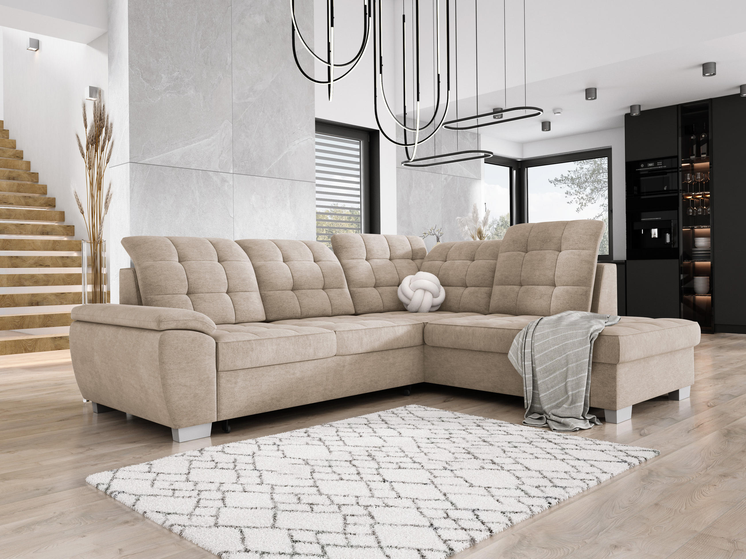 ECKSOFA LOTTA L-förmig Bettkasten verstellbare Kopfstützen hochwertige Verarbeitung lose Rückenkissen freistehend RECHTS 258x212x106 cm Sand-coloured - Sandfarben, Holz/Textil (258/212cm) - DomoHome