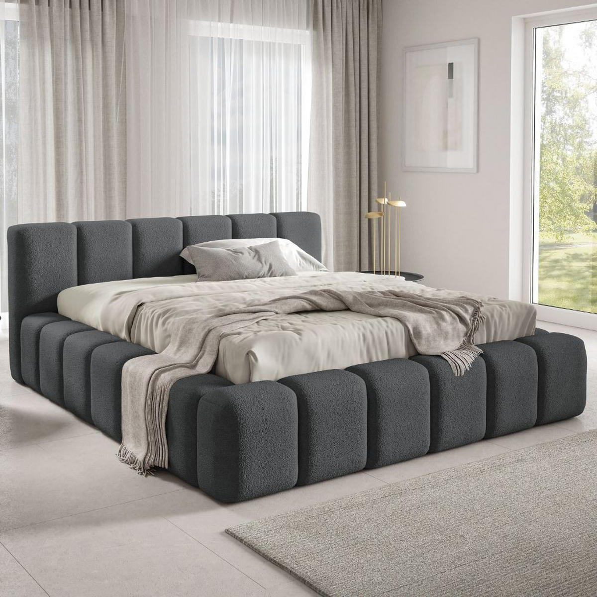 POLSTERBETT KALLA Premium 140x200 cm mit Bettkasten – QUELLE 92 - Dunkelgrau, Holz - Dekori_Interiors