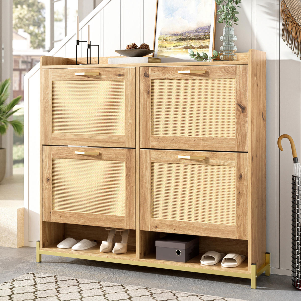 SCHUHKIPPER in Holzoptik mit 4 Klappen, Schuhschrank für Flur und Diele - Naturfarben, Holz (108/100/24cm) - PARAFTA HOME