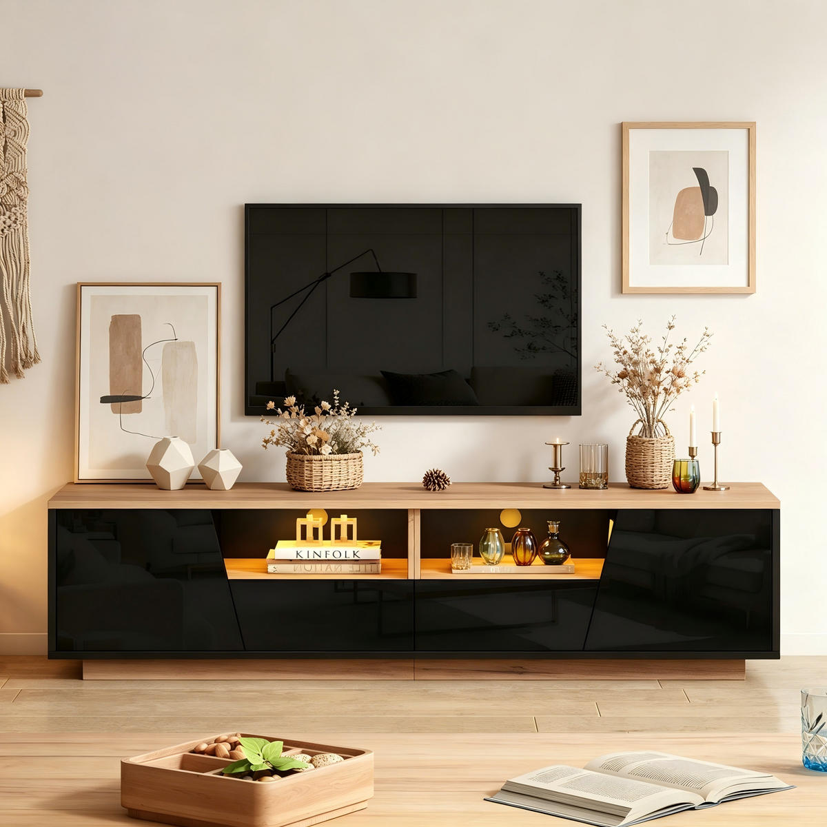 TV-ELEMENT180X40X46CM für 75-Zoll-Fernseher LED-Beleuchtung Schwarz-Holz - Schwarz, Holz (47.5/23.98/64.8cm) - Raelunyi