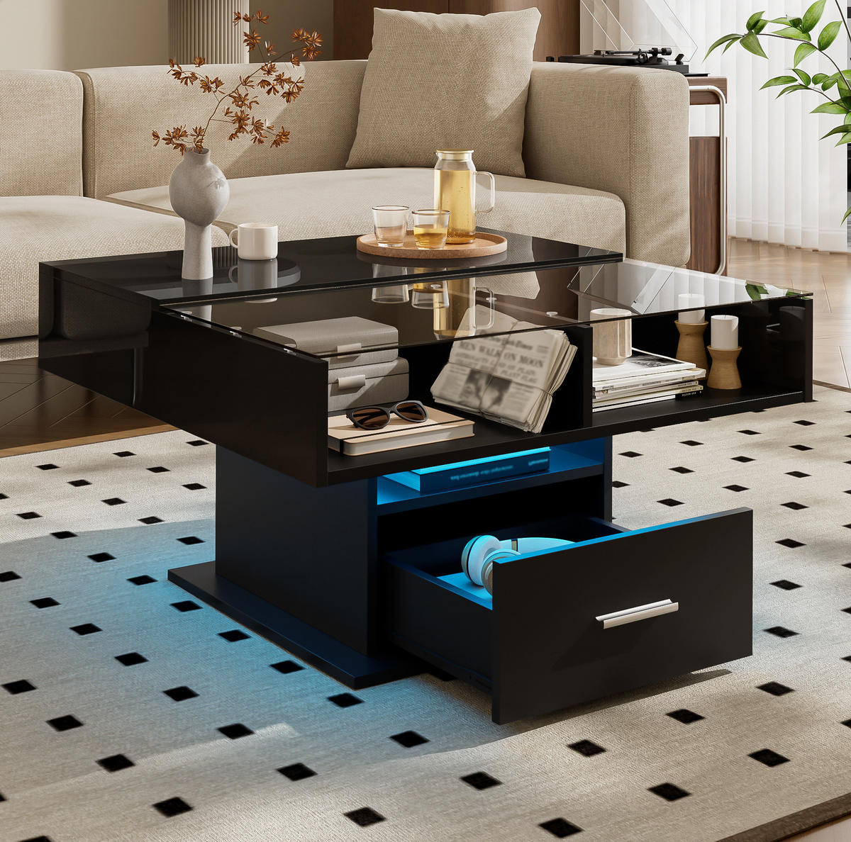 COUCHTISCH 78/78/45,5-59,5 cm mit LED-Beleuchtung und höhenverstellbarer Platte - Schwarz, Holzwerkstoff (78/78/59.5cm) - Flora Grace