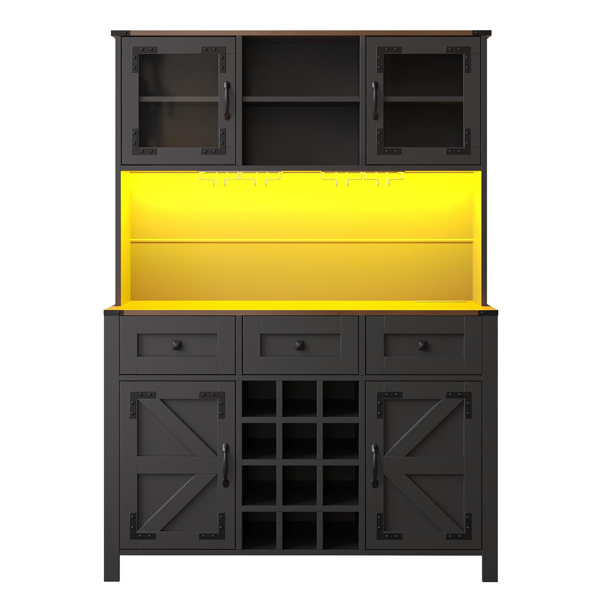 BUFFET 120/40/170 cm aus MDF und Glas mit LED-Beleuchtung und Steckdosenleiste Schwarz - Schwarz, Holzwerkstoff (120/170/40cm) - Modenvie