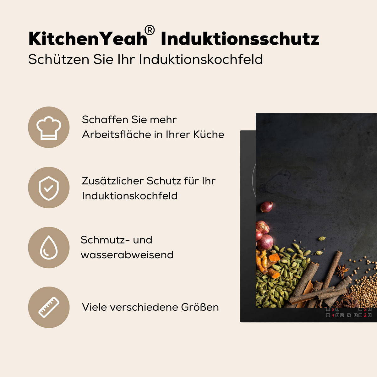 HERDABDECKPLATTE Kräuter - Lebensmittel - Gewürze - Schwarz - Paprika - Zimt Induktionsmatte 71x52 cm - Currygelb, Kunststoff (71/52/0.2cm) - MuchoWow