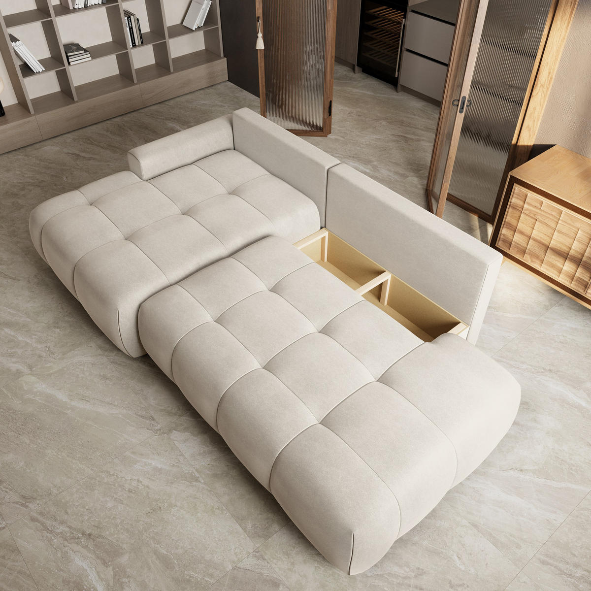 ECKSOFA FLUMA CL L-S Creme Samtstoff mit Schlaffunktion - Creme, Holzwerkstoff/Textil (279/158cm) - MASSENO