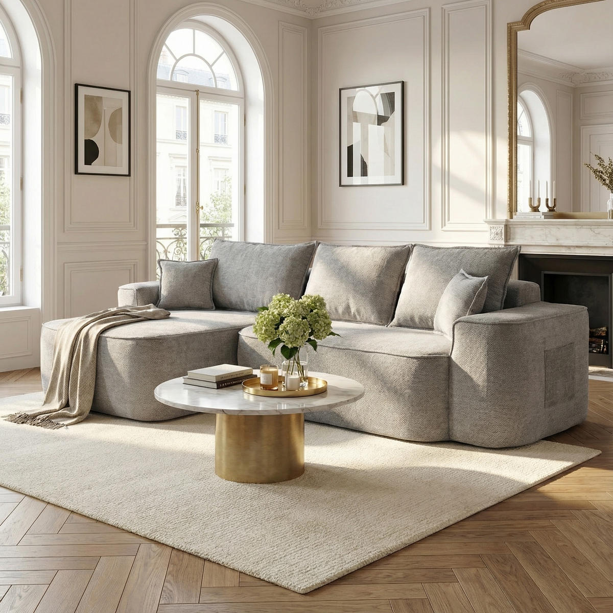 ECKSOFA Modulares L-Form in Chenille Montagefrei - Hellgrau, Textil (262/144cm) - Urban Meuble