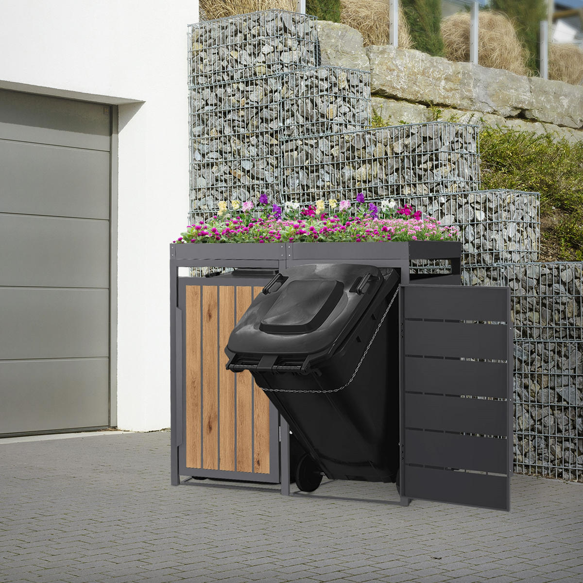 MÜLLTONNENBOX 2er mit Pflanzdach 240L Anthrazit-Holzoptik aus Stahl - Hellbraun, Metall (80/124/132cm) - ML-DESIGN