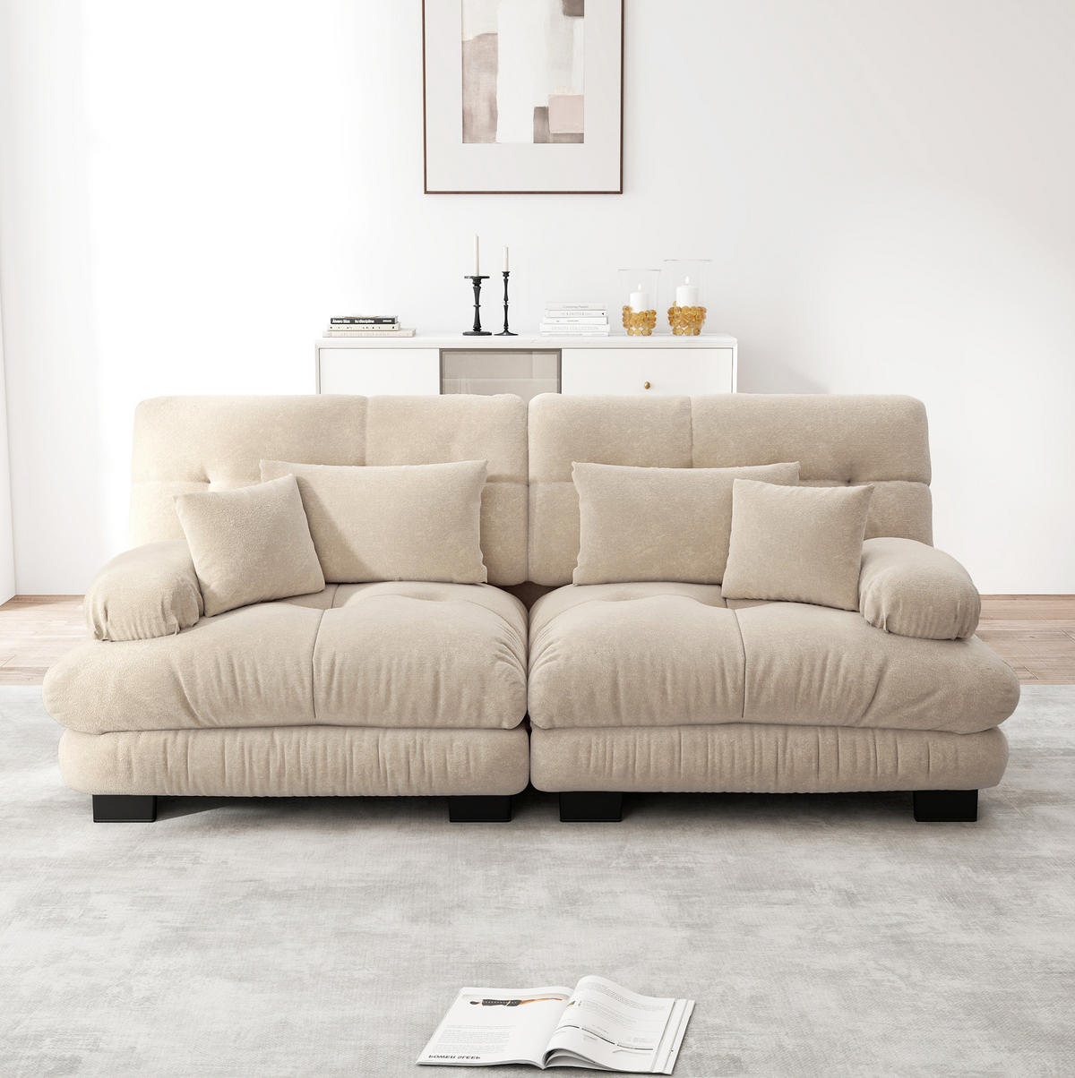 ECKSOFA 220/77/81 cm hellbraun aus Chenille mit modularer Form und Kissen - Cappuccino, Textil (77/220cm) - OKWISH