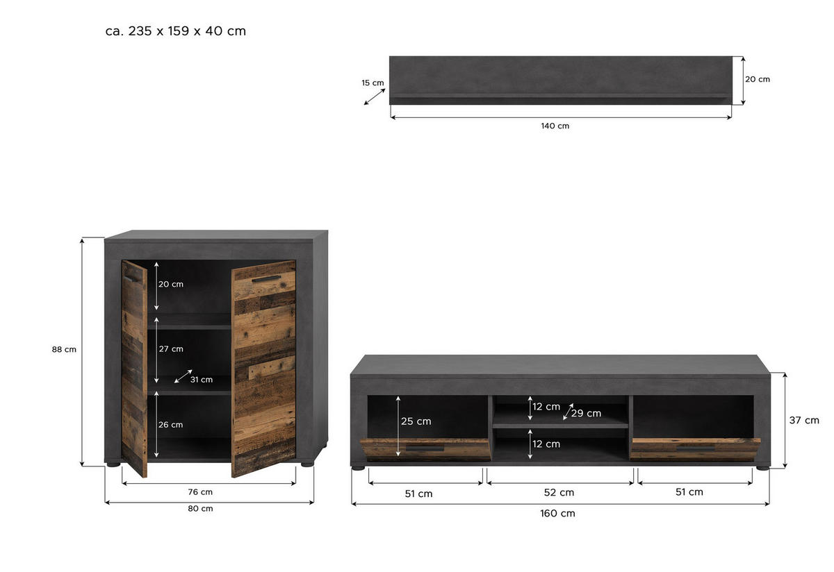 WOHNWAND Milo 3 tlg. (B/H/T: ca. 255/159/40 cm) in Matera/Old Wood - Naturfarben, Holzwerkstoff (255/159/40cm)
