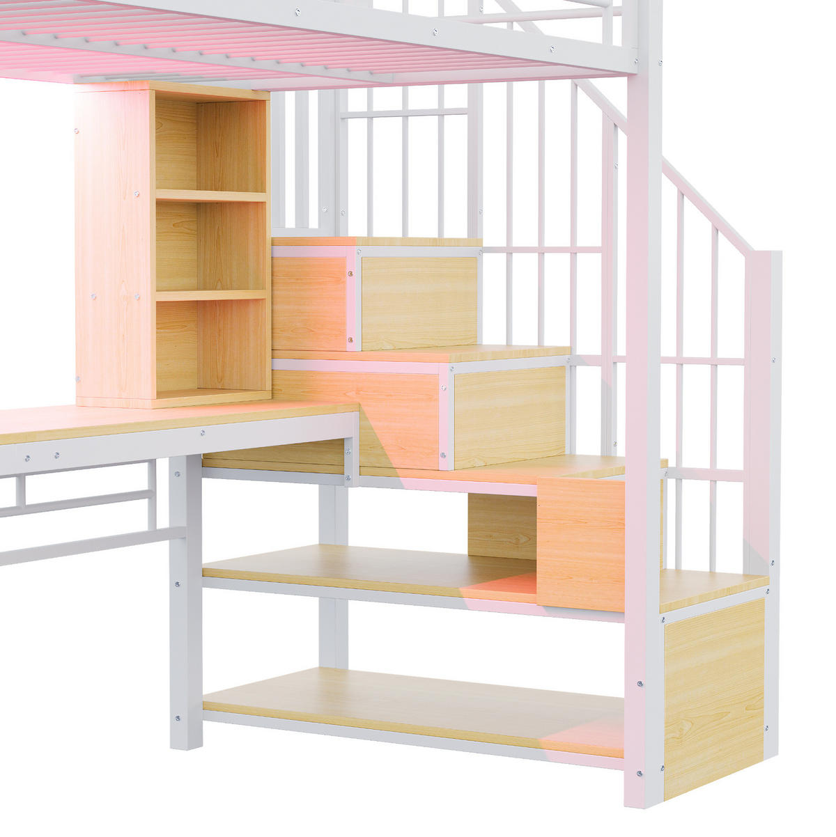 HOCHBETT 90/200 cm, Weiß mit Schreibtisch, LED und Stauraumtreppe - Weiß, Metall (90/200cm) - MIVRAY