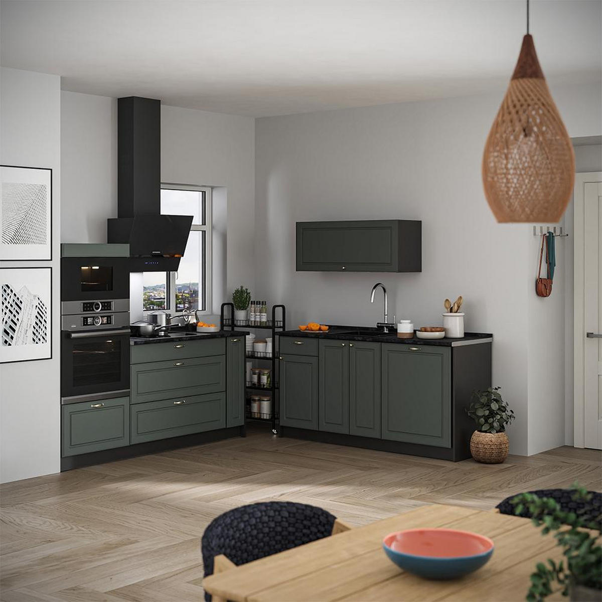 BUCĂTĂRIE Fame-Line, Casă de țară verde și aurie/antracit, 340 cm fara blat - verde/antracit, compozit lemnos (340/153.6/51.6cm) - Vicco