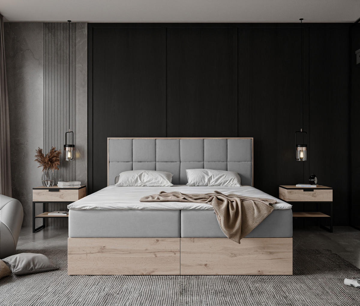 BOXBETT LAVIO II 200/200 cm, in Grau, mit Matratze und Topper - Grau, Holzwerkstoff/Textil (200/200cm) - Idohome
