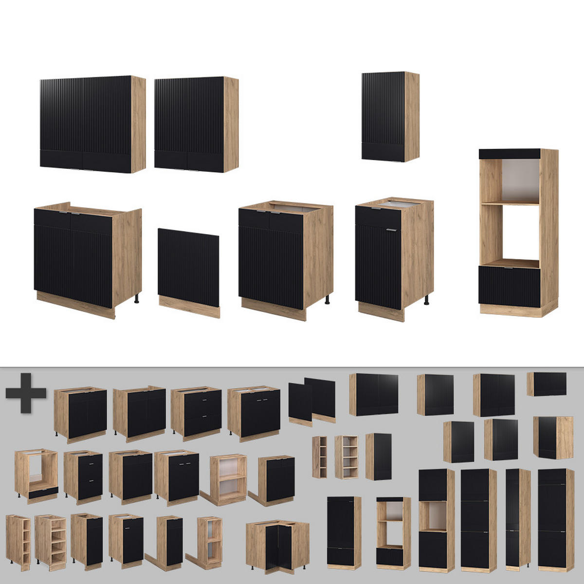 KÜCHENZEILE Fame-Line, Schwarz gestreift/Goldkraft Eiche, 300 cm mit Hochschrank, AP Anthrazit - Honigeiche/Schwarz, Holzwerkstoff (300/81.6/60cm) - Vicco