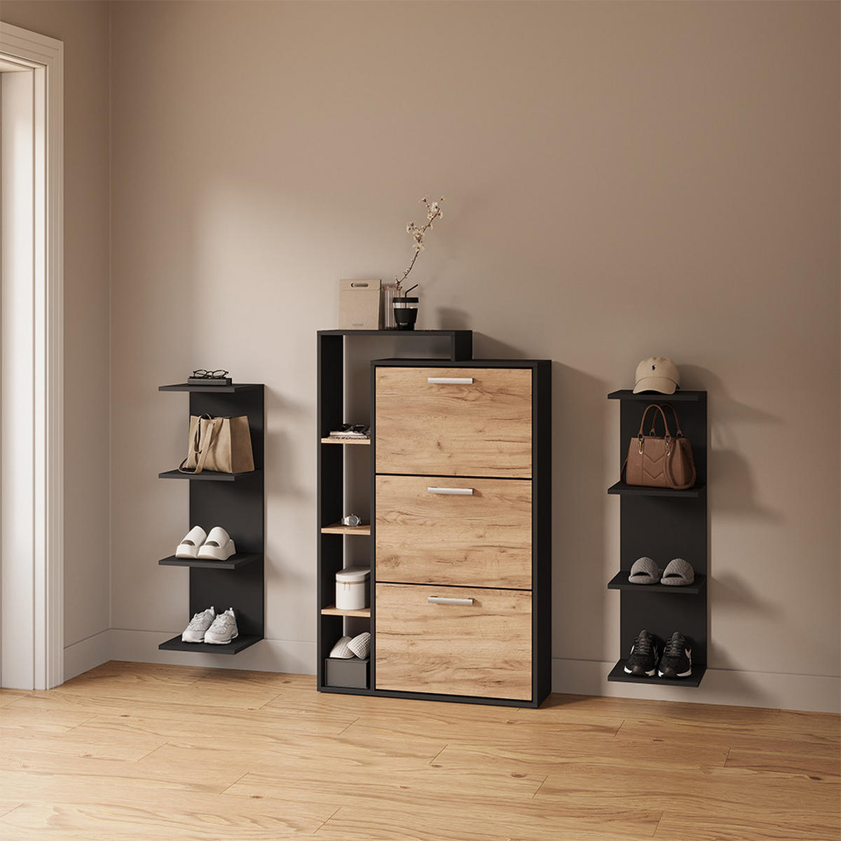 WANDREGAL Vesuvio Schwarz 30 x 95 cm 2er Set - Schwarz, Holzwerkstoff (30/95/28cm) - Livinity®