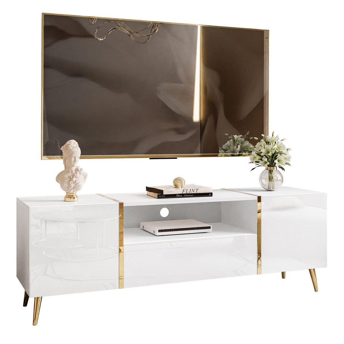 TV-ELEMENT ONYX AUF GOLDENEN BEINEN HOCHGLANZ 158 CM PUSH OPEN - Weiß, Holzwerkstoff (158/53/41.3cm) - Lookway