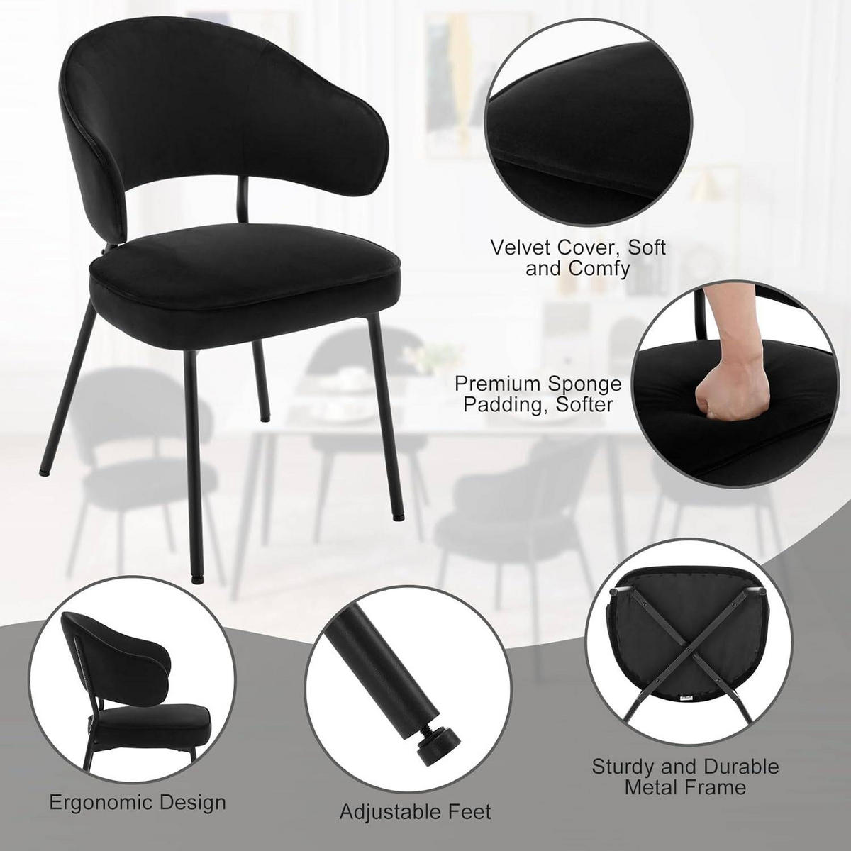 ESSZIMMERSTUHL 6er Set, Metallbeinen, gepolstert, Samt - Schwarz, Textil/Metall (50/83.5/43cm) - Woltu