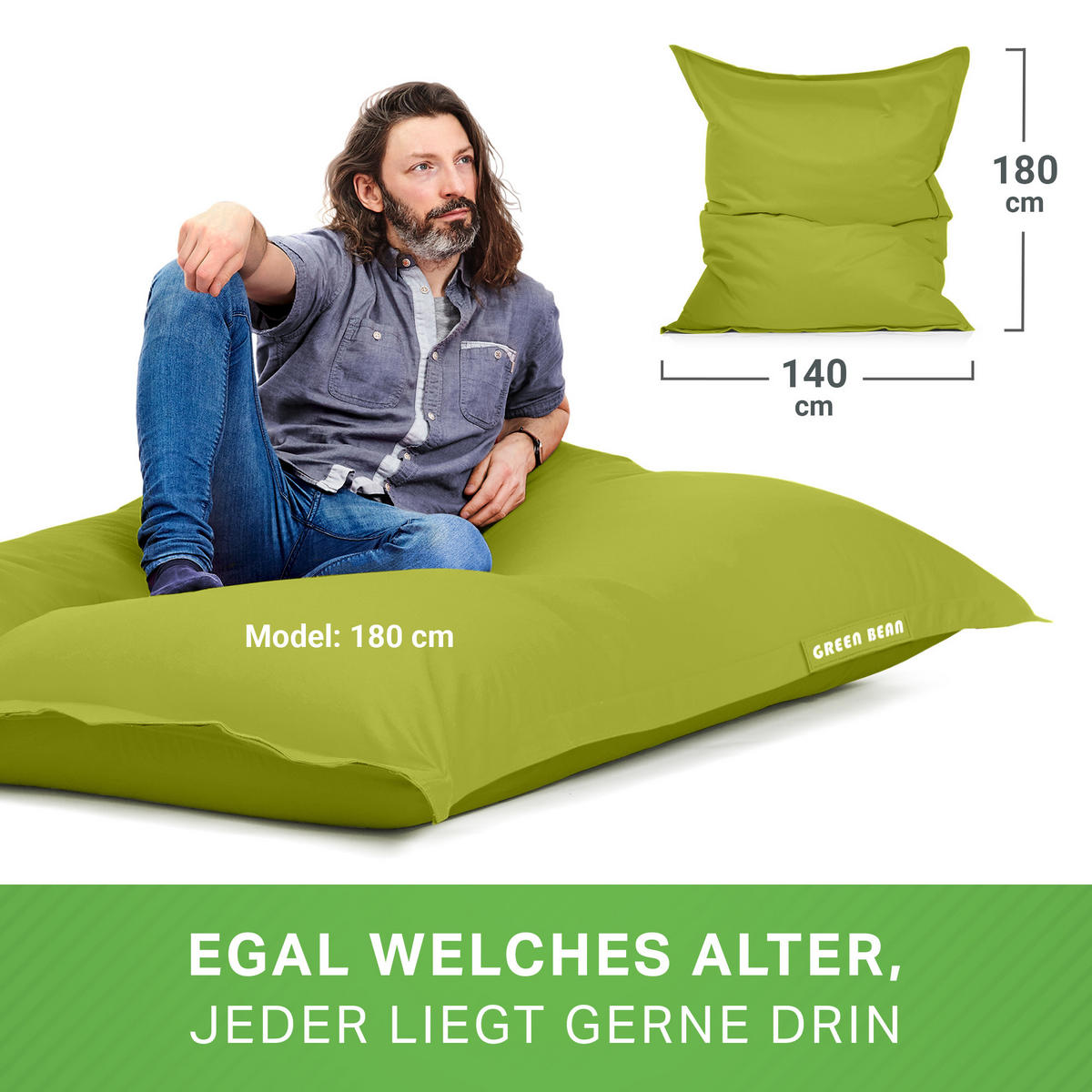XXL-SITZSACK + Pouf 2er Set - 140x180cm - Grün, Textil (140/25/180cm) - Green Bean