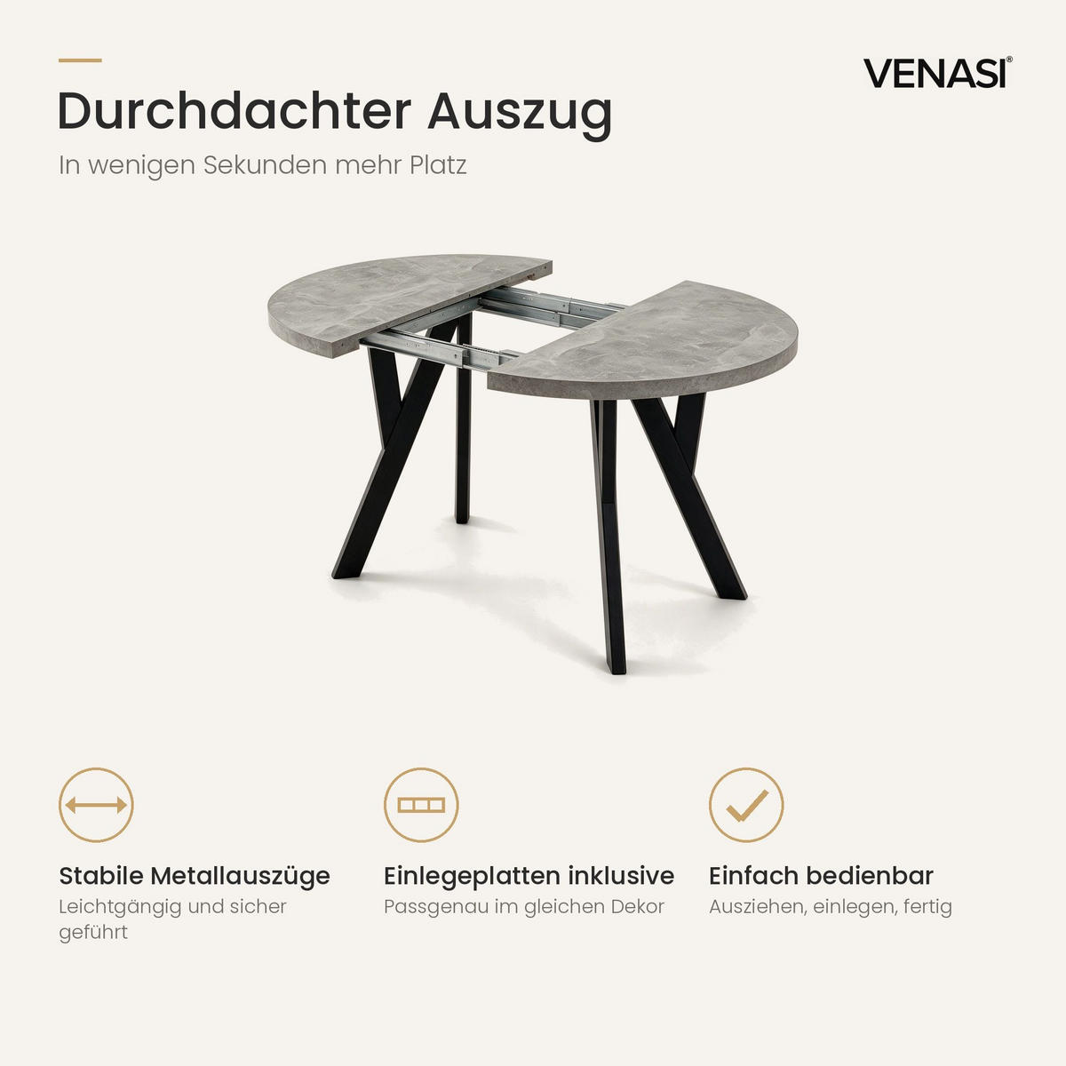 ESSTISCH ausziehbar rund 90-190 cm ATO Beton, Auszugstisch mit Einlegeplatte - Schwarz/Grau, Holzwerkstoff (90/90/77cm) - VENASI MÖBEL