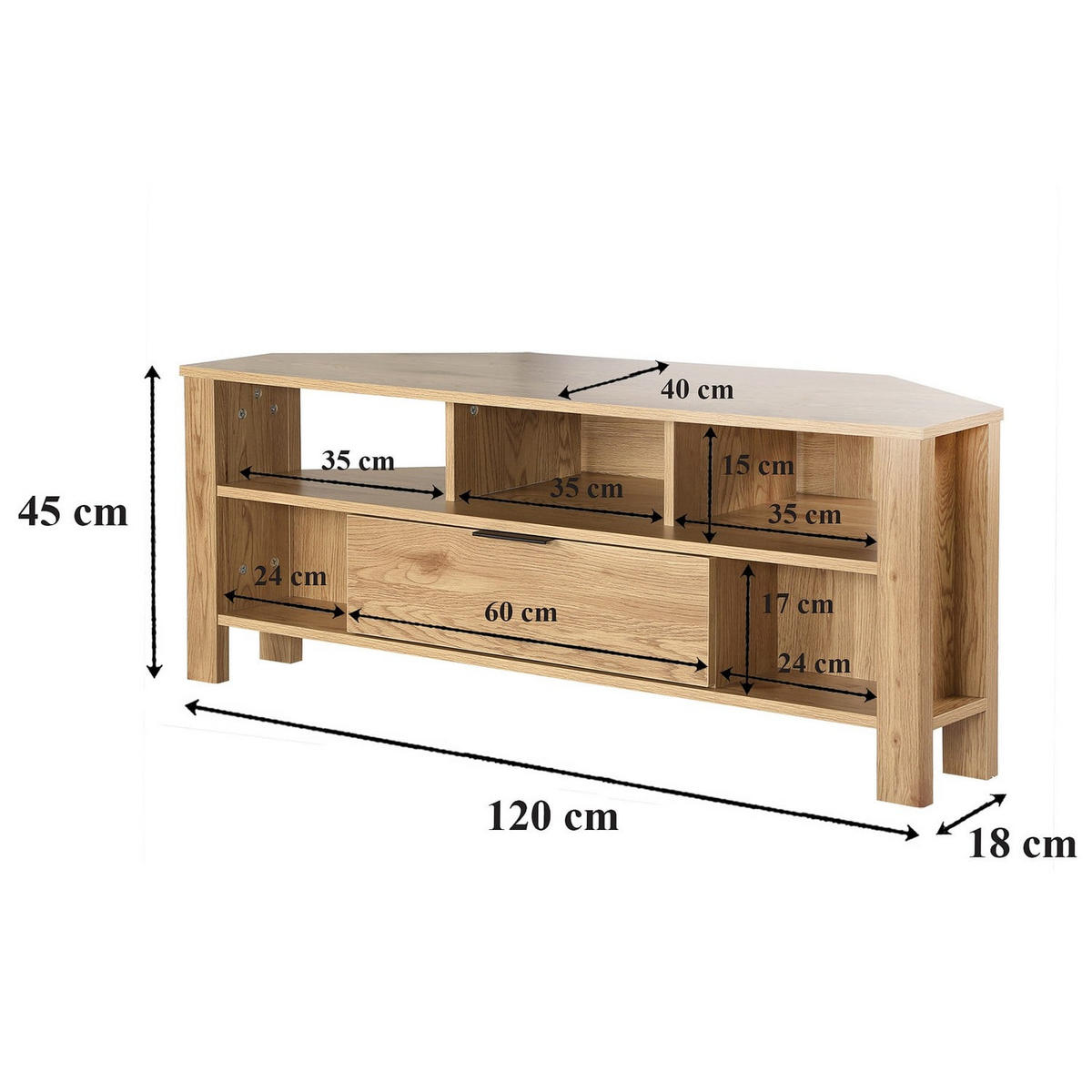 ECK-TV-MÖBEL 1 Schublade Eiche Dekor - L120 cm - Eschefarben, Holzwerkstoff (40/45/43cm) - Calicosy