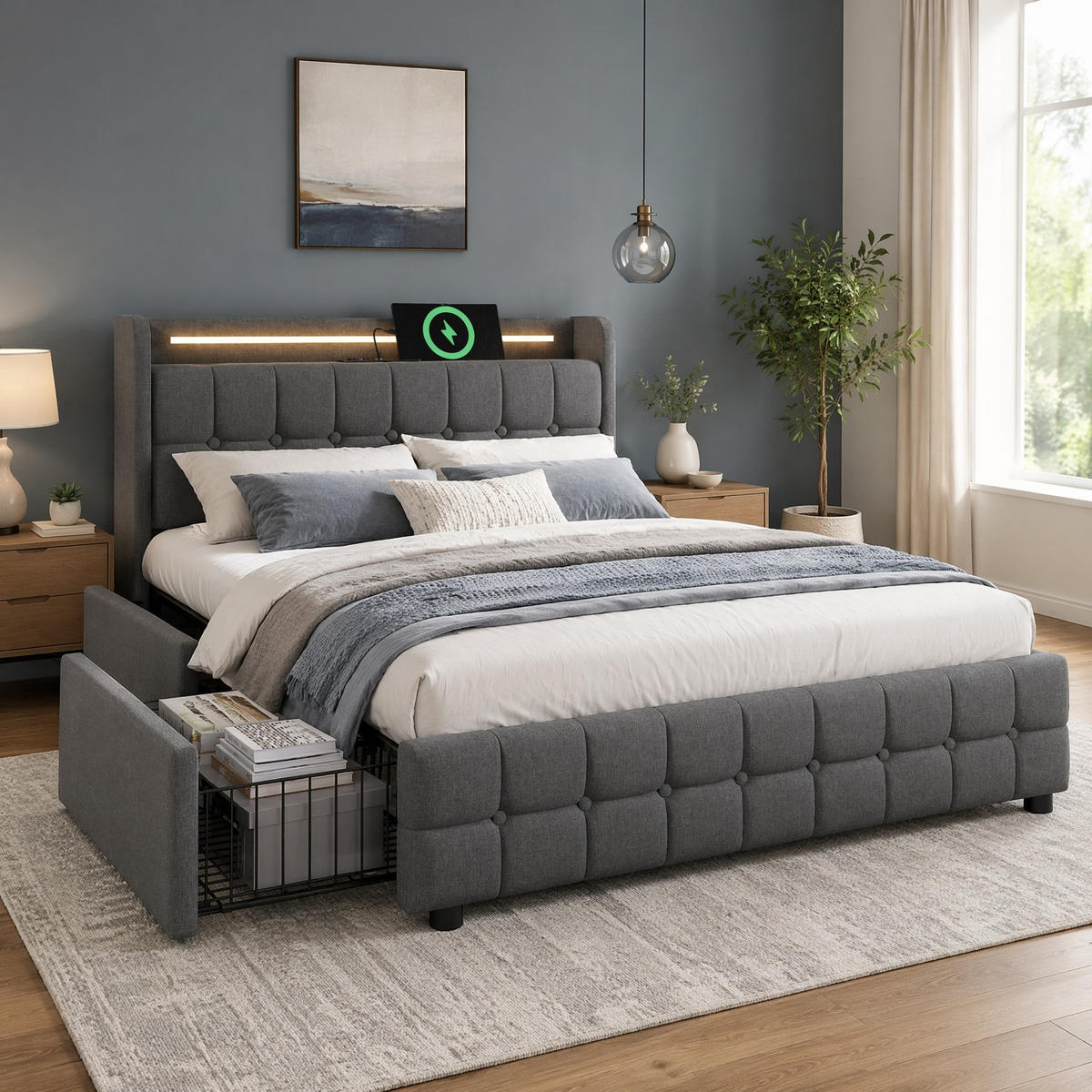 POLSTERBETT 180/200 mit 4 Schubladen, LED und USB in Grau - Grau, Holzwerkstoff/Textil (180/200cm) - EVRYAE