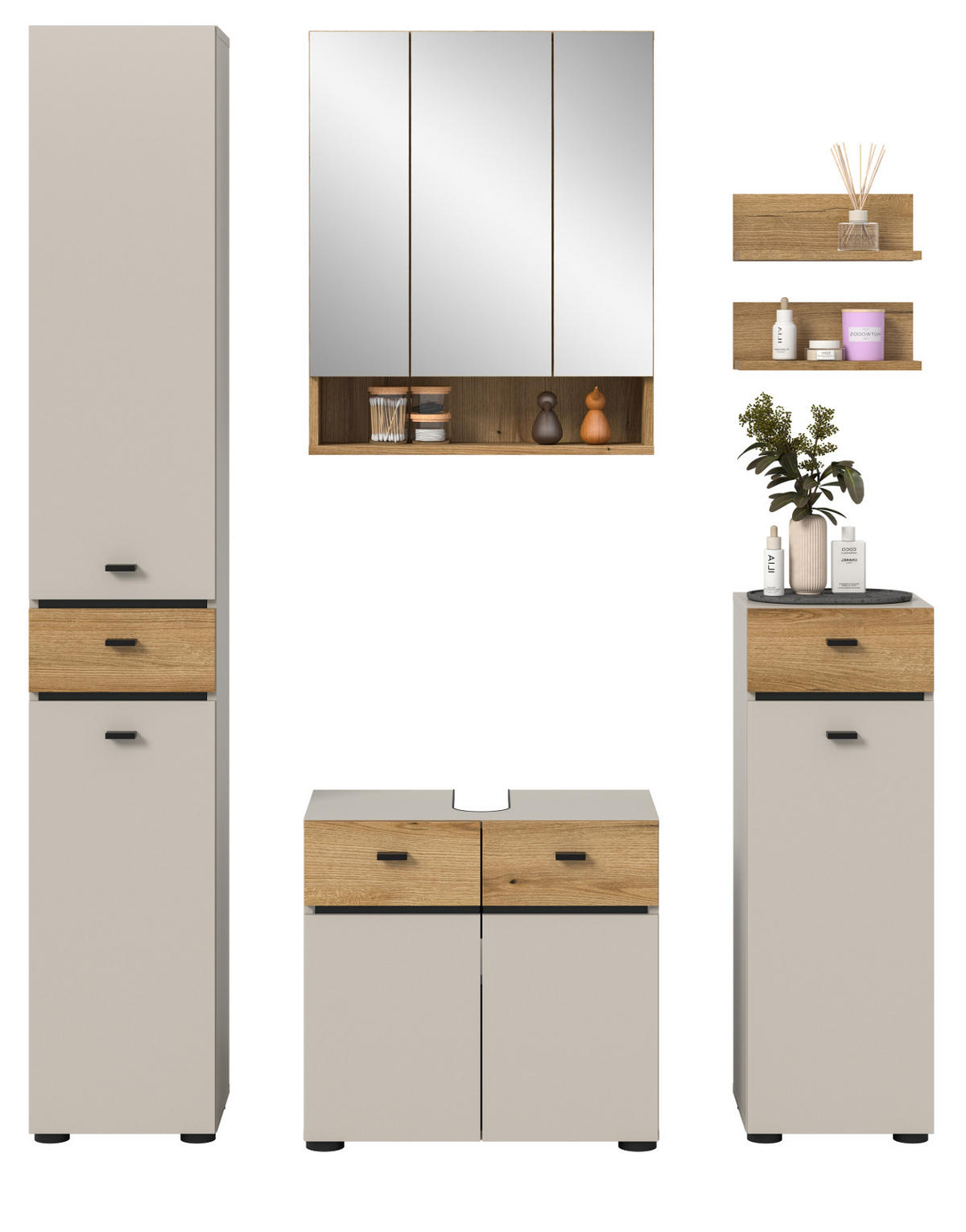 BADMÖBEL-SET Kaschmir, Evoke Eiche 6-teilig 154 cm, Komplettset mit viel Stauraum - Kaschmir/Eichefarben, Glas/Holzwerkstoff (154/191/35cm) - Inn.Furn