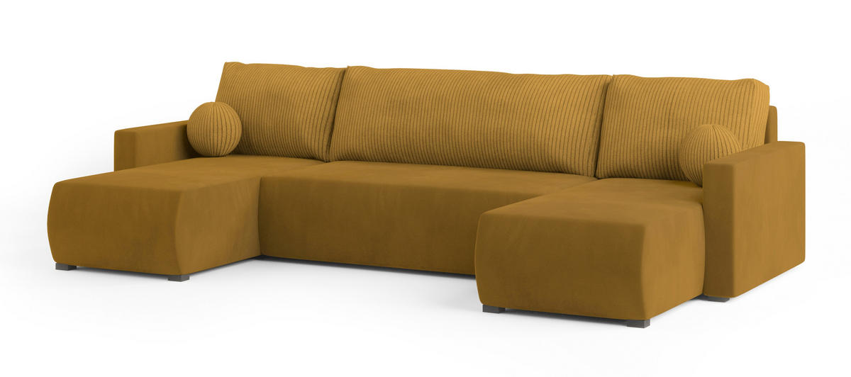 WOHNLANDSCHAFT TESSUN Gelb Plüsch-Stoff mit Schlaffunktion - Gelb, Holz (286/85/143cm) - MASSENO