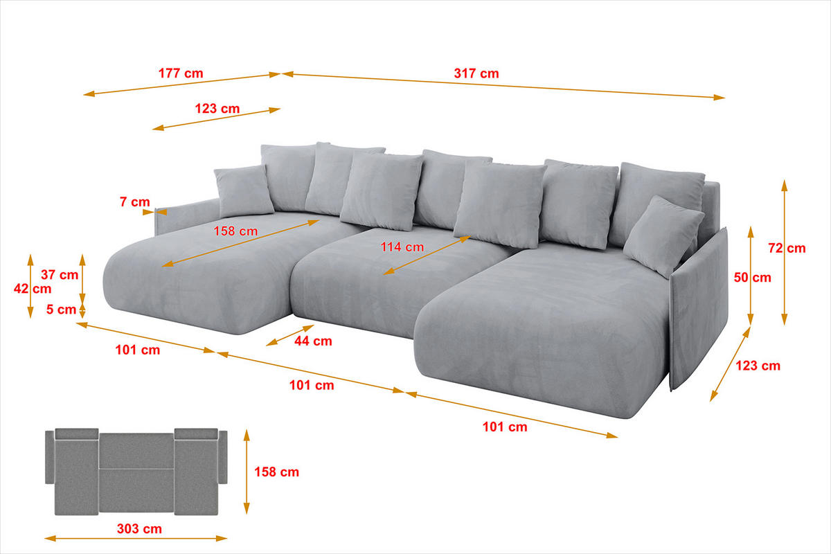 WOHNLANDSCHAFT mit Schlaffunktion und Bettkasten ONESK-U-v1 317x177x72 Hellgrau Velours - Titanfarben, Holzwerkstoff/Kunststoff (317/72/177cm) - ALTDECOR