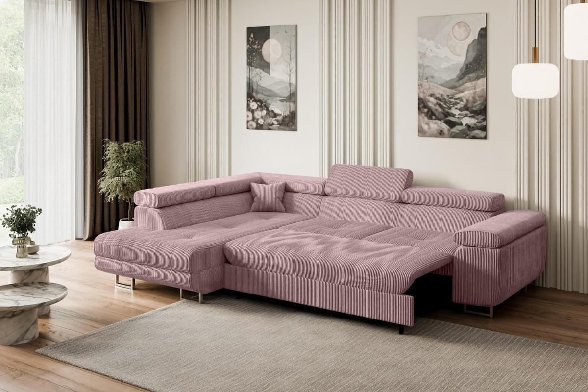 ECKSOFA mit Schlaffunktion und Bettkasten GUSA-L 272x202x107 cm Rosa Cord - Silberfarben/Rosa, Holzwerkstoff/Textil (202/272cm) - ALTDECOR