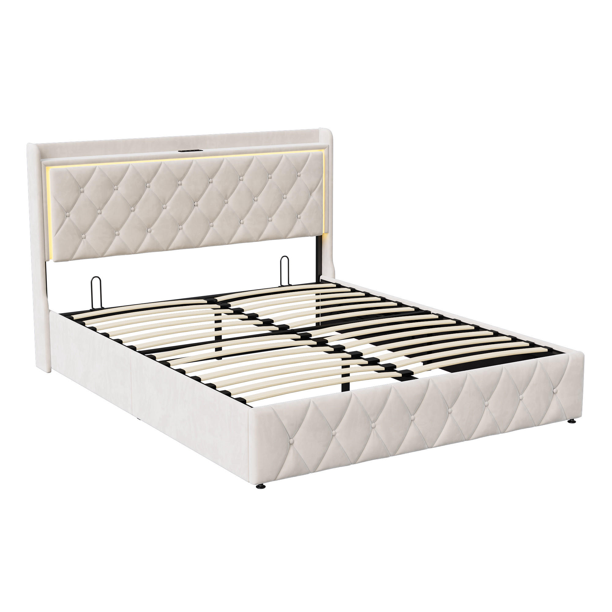 POLSTERBETT 160x200 cm, Beige, mit LED-Beleuchtung & USB-Aufladung - Beige, Textil/Metall (160/200cm)