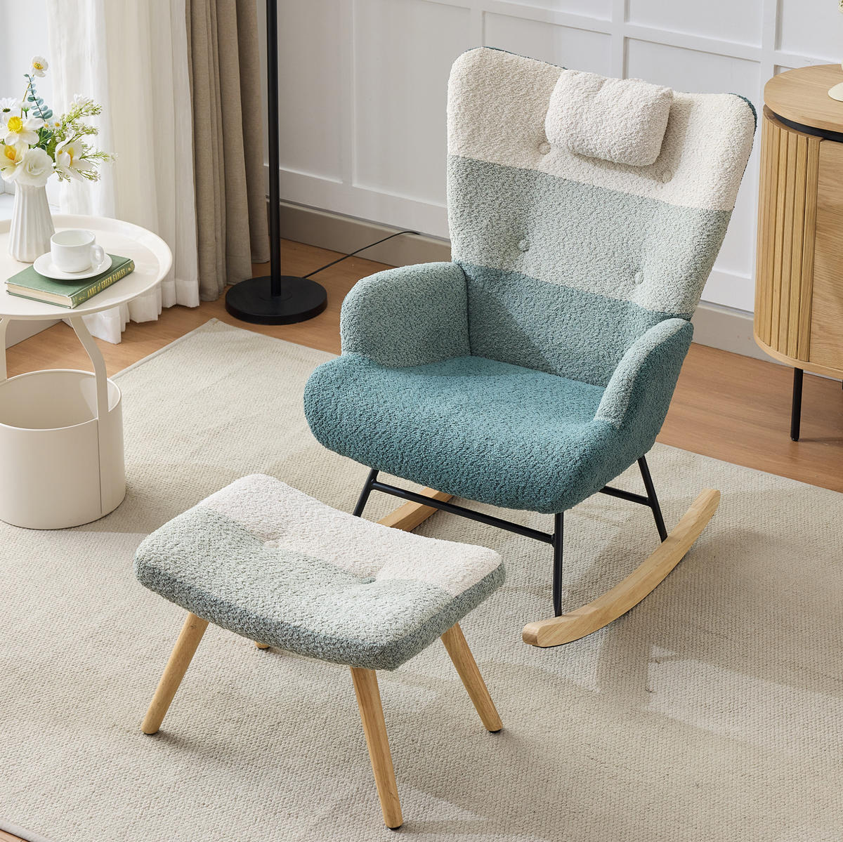 HOUPACÍ křeslo 83/65,5/95 cm vícebarevné z bouclé s taburetem a boční kapsou - různobarevná, textil (83/95/65.5cm) - OKWISH