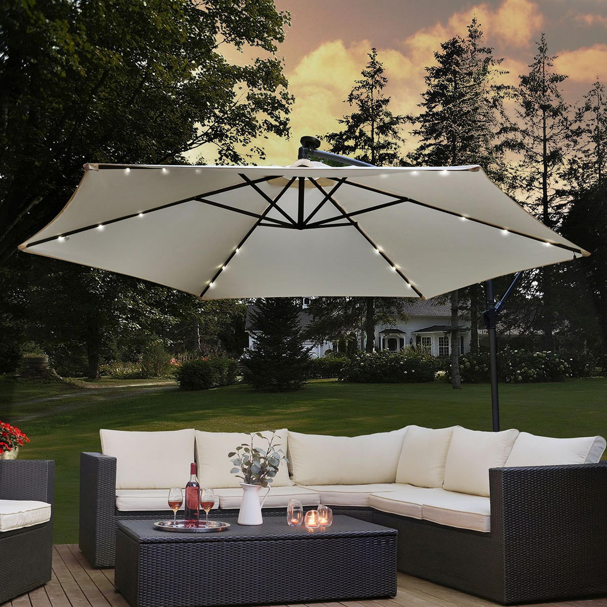 AMPELSCHIRM Brazil dunkelgrau/creme 3,5m mit LED, Kurbel und Standfuß - Creme, Metall (330/330cm) - Juskys
