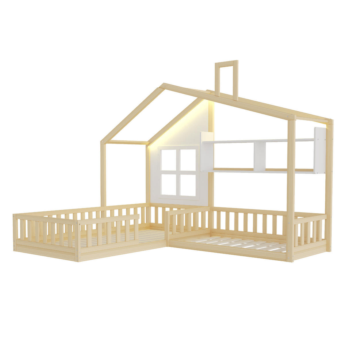 KINDERBETT 90/200 cm in Hausform mit Regalen, LED und Rausfallschutz - Naturfarben, Holz (90/200cm) - BEAOK