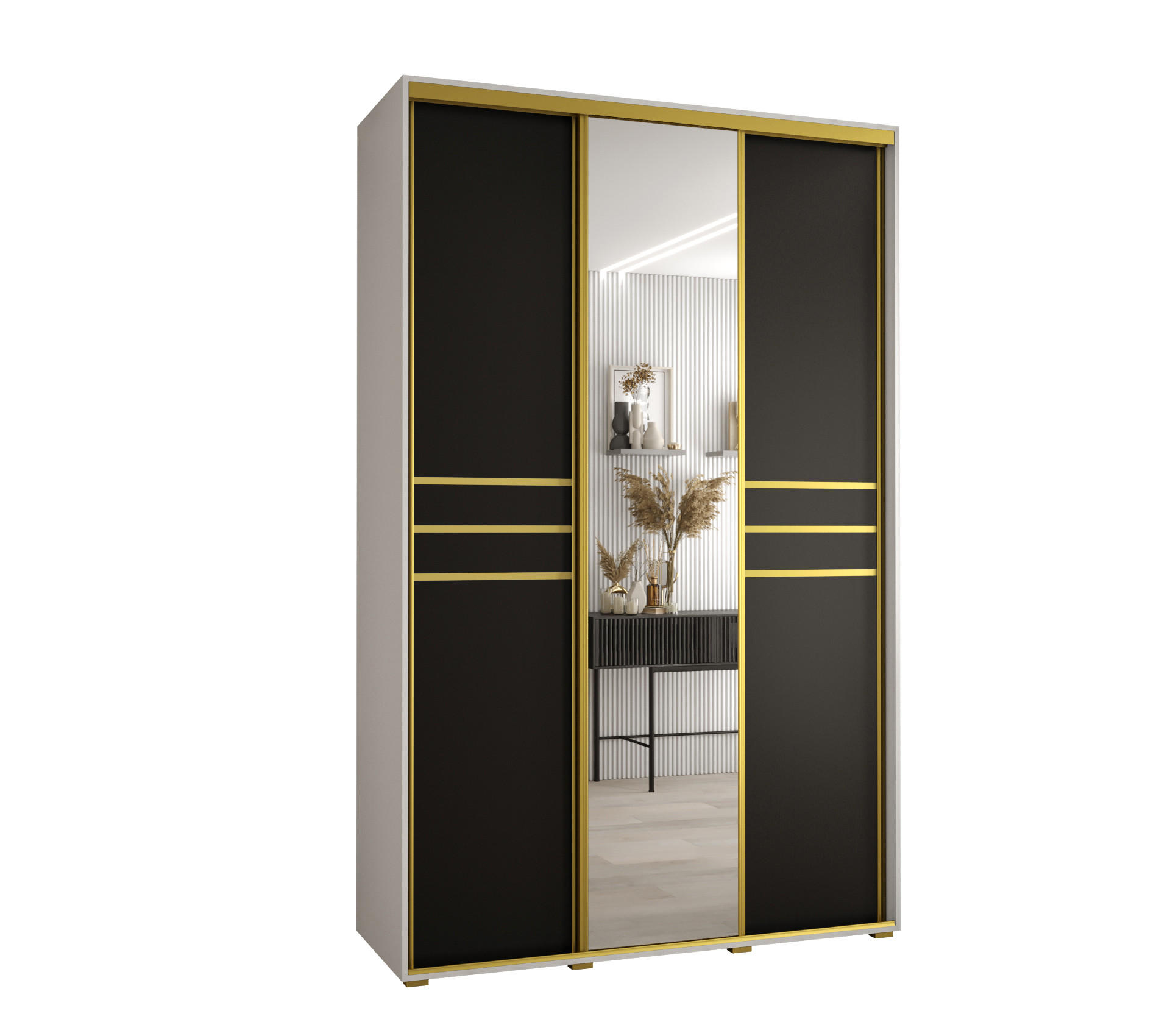 Abiks Möbel Schwebetürenschrank Weiß, Schwarz, Gold 150x235x45 cm