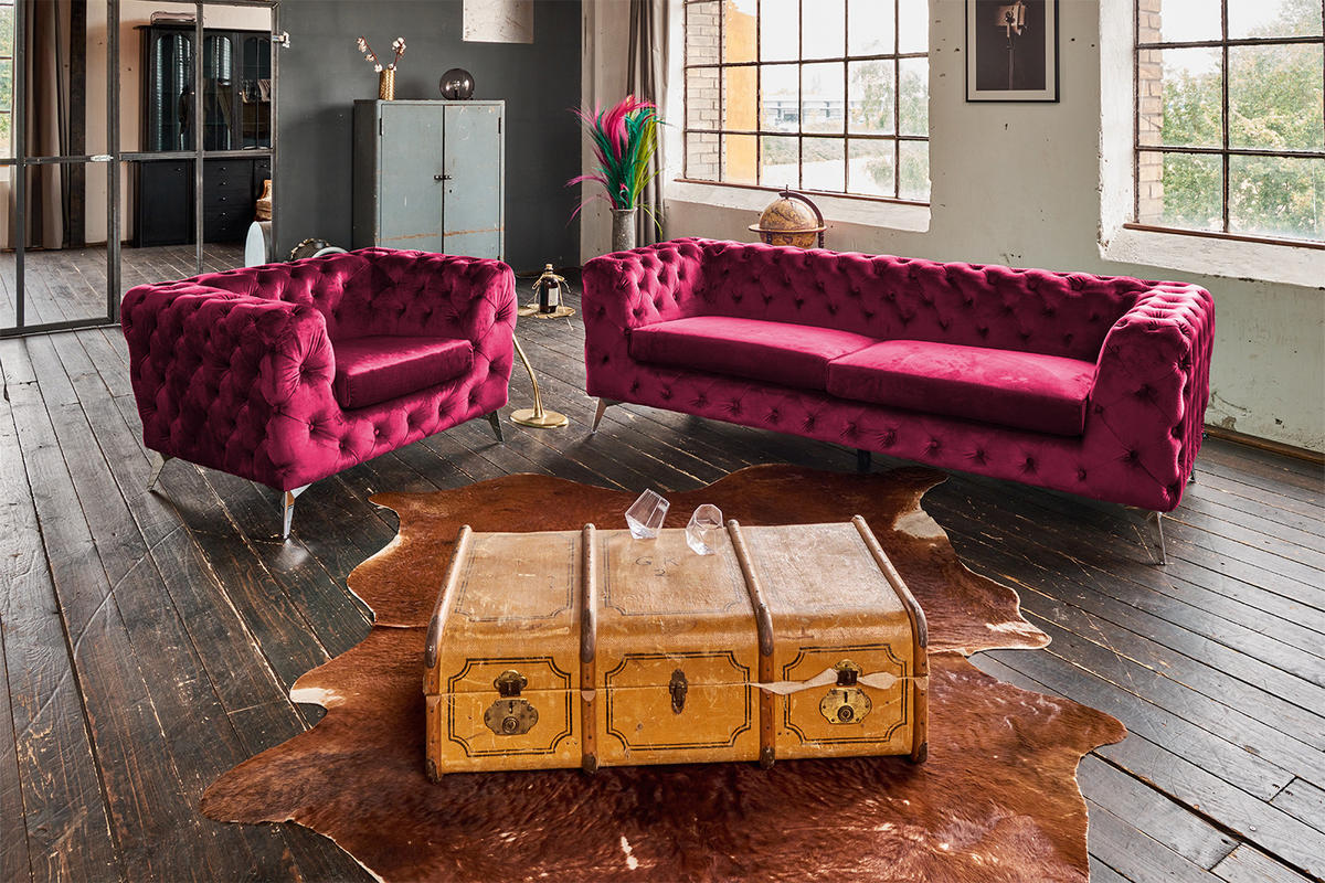 CHESTERFIELD-SESSEL NARLA Rot Velvet - Silberfarben/Rot, Textil/Metall (120/71/87cm) - KAWOLA