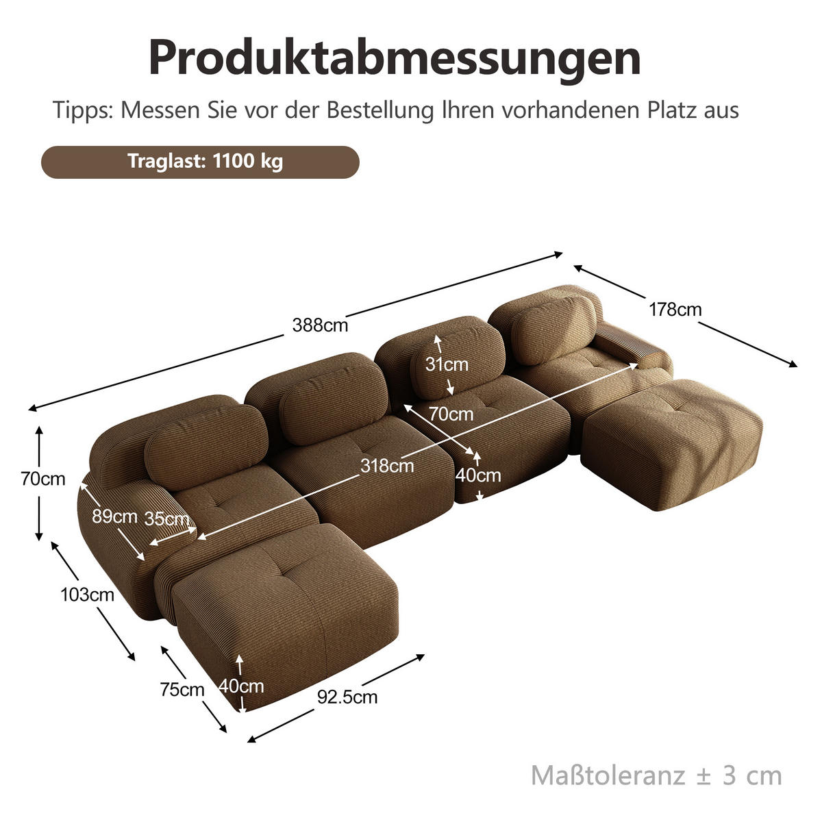 WOHNLANDSCHAFT DE-34025 modular 4-Sitzer Braun - Braun, Textil (178/75/388cm) - ComfortXL