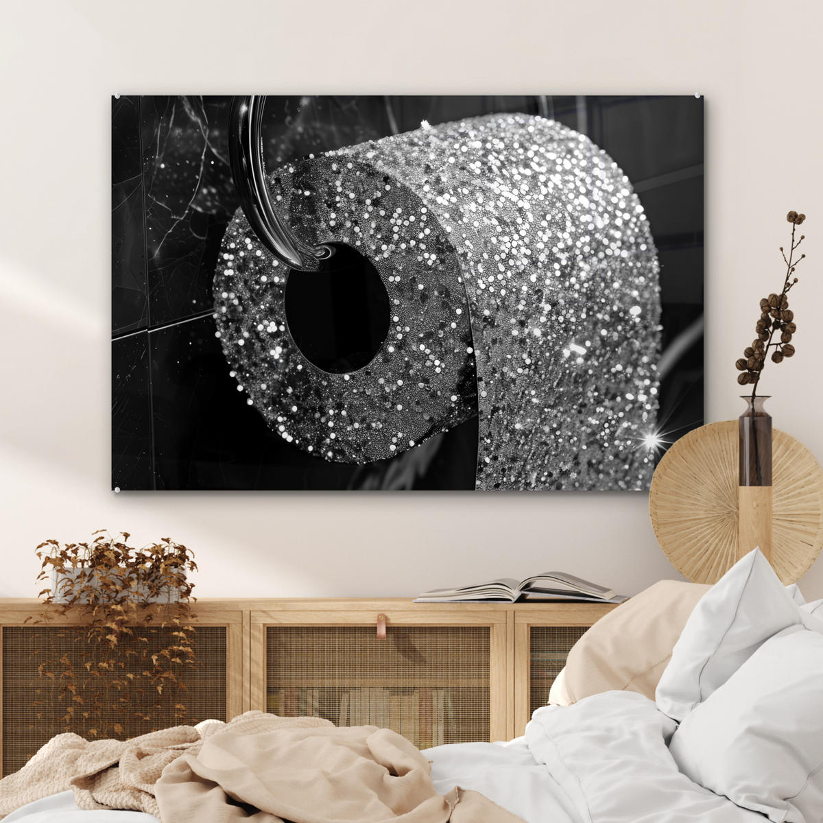 ACRYLGLASBILD WC - Toilettenpapier - Schwarz und weiß - Glitter 120x80 cm - Silberfarben, Glas (120/80cm) - MuchoWow