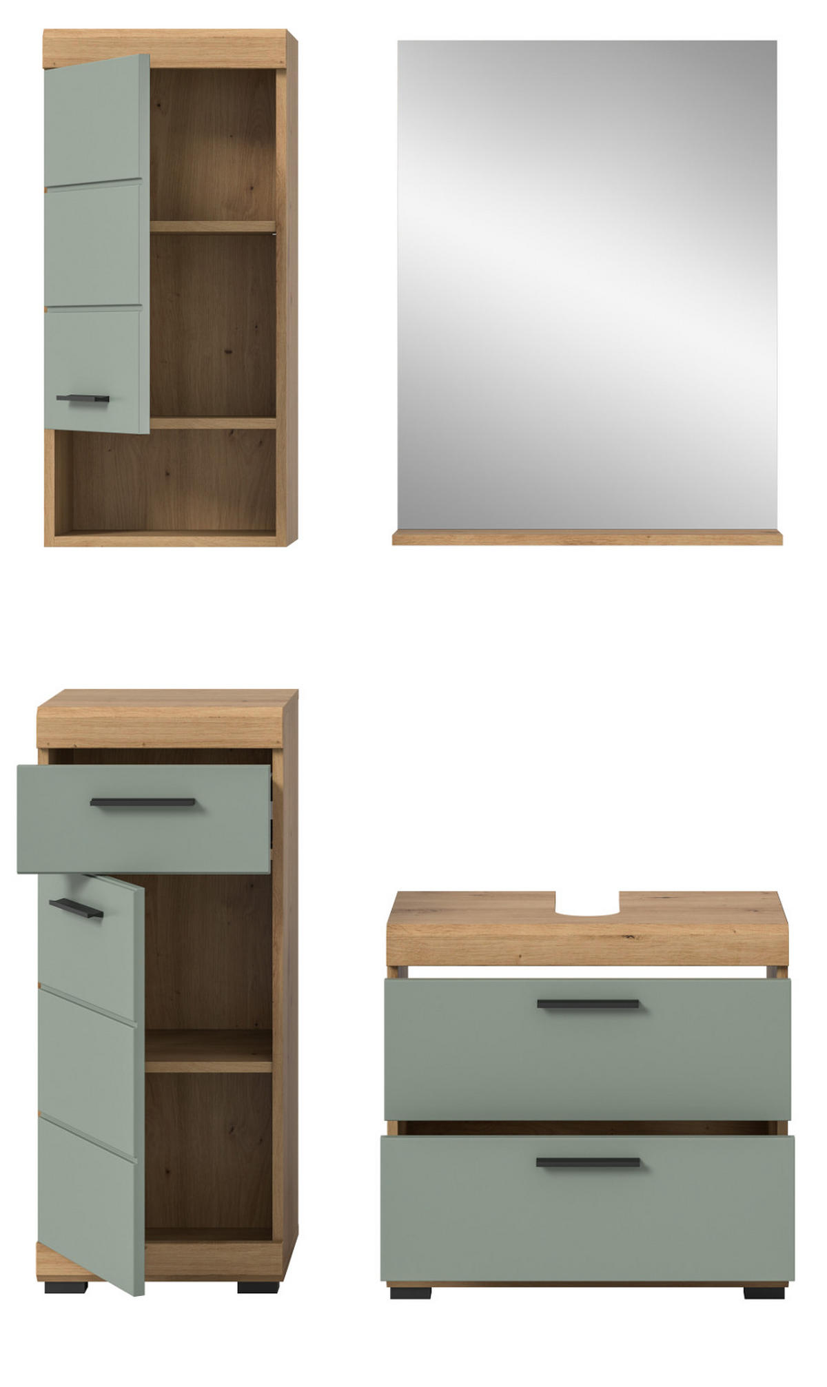 BADMÖBEL-SET Salbei grün, Eiche Artisan 4-teilig 112 cm, Komplettset mit viel Stauraum - Salbeigrün/Schwarz, Glas/Holzwerkstoff (112/191/37cm) - Inn.Furn