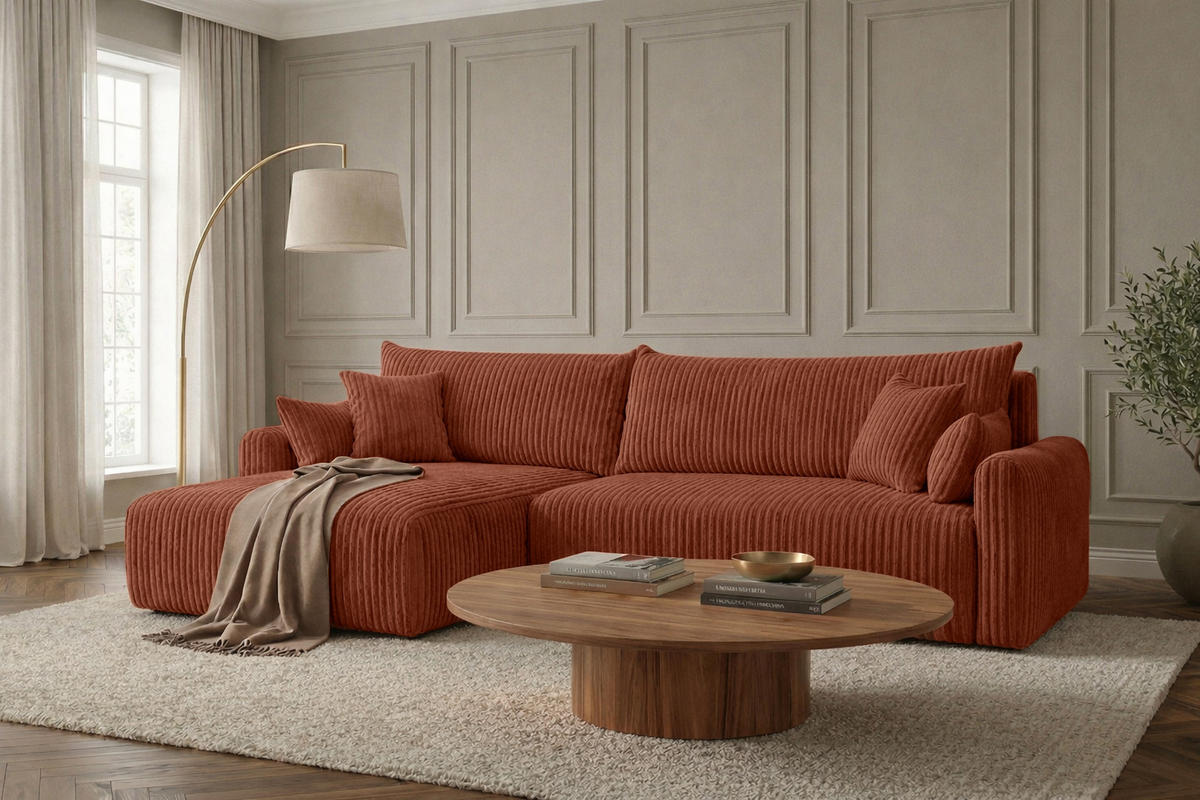 ECKSOFA Mit Schlaffunktion, Cordstoff Tilia, Kupfer, Links, JAPANDI - Orange, Holz (262/145cm) - Kaiser Möbel