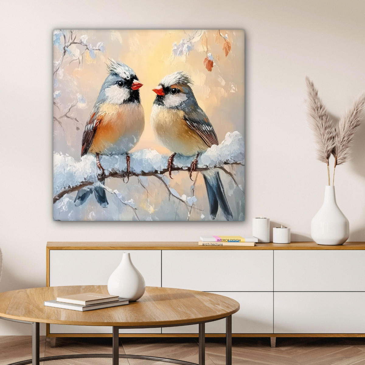 LEINWANDBILD Vögel - Zweig - Winter - Schnee Deko Groß 90x90 cm - Pastellblau, Textil (90/90cm) - MuchoWow