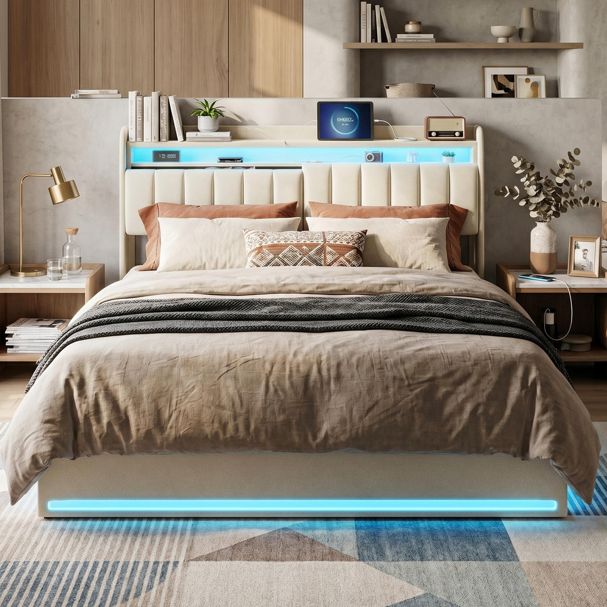 POLSTERBETT Längssteppung 140/200 cm mit Bettkasten & App-LED Samtoptik Beige - Beige, Textil (140/200cm) - Creahappy