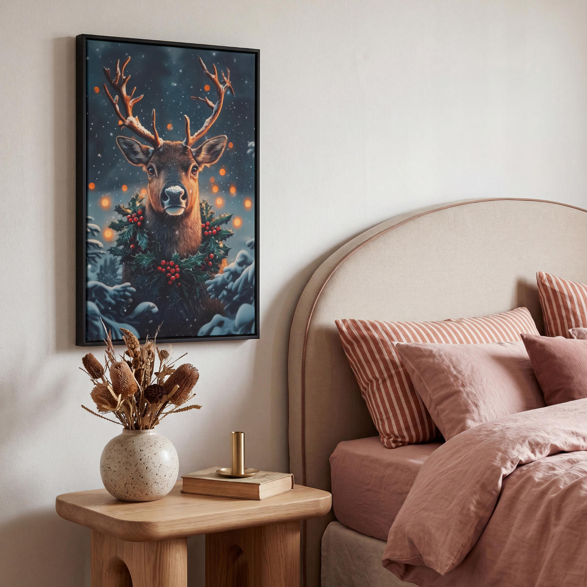 LEINWAND Bilder mit Rahmen - Hirsch - Weihnachten - Winter - Schnee - Weihnachtskranz - 40x60 - Dunkelbraun, Textil (40/60cm) - MuchoWow